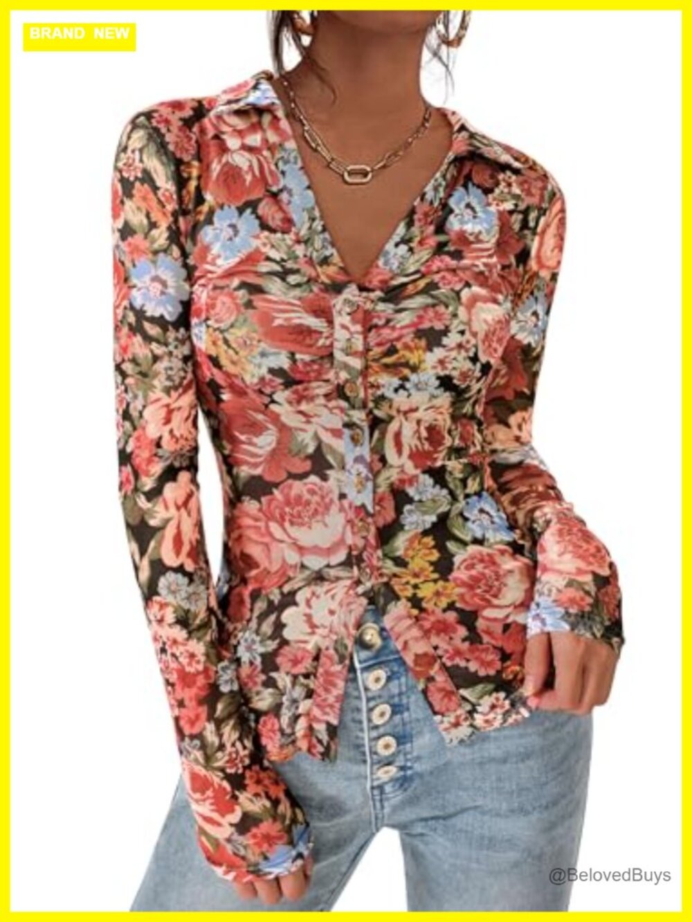 PRETTYGARDEN Women's Mesh Floral Button Down V-Neck Blouse Go Out Top